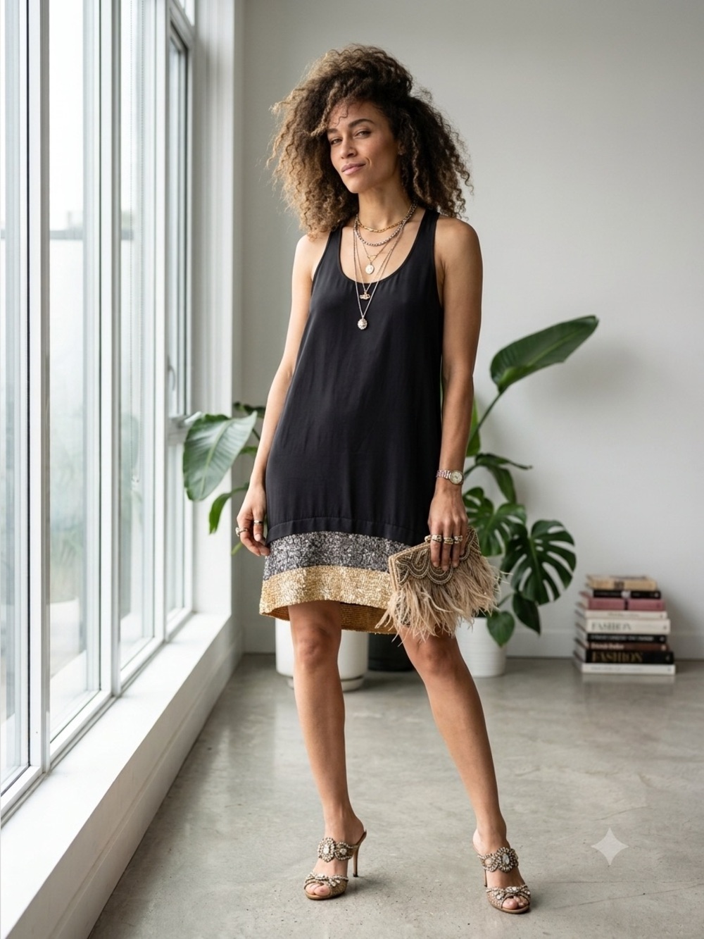 AKA New York black silk tank dress with metallic sequin hem - Small